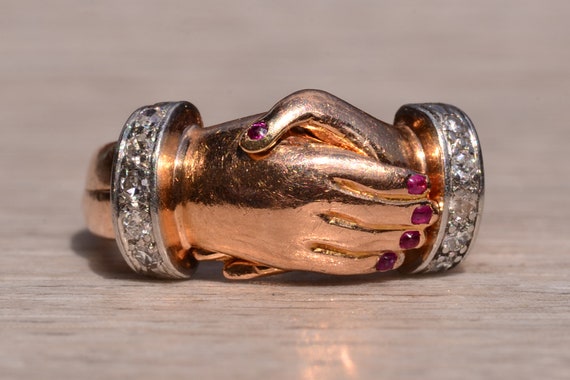 Ladies Samuel Kalina Signed Ruby and Diamond Gimmel Ring in Rose