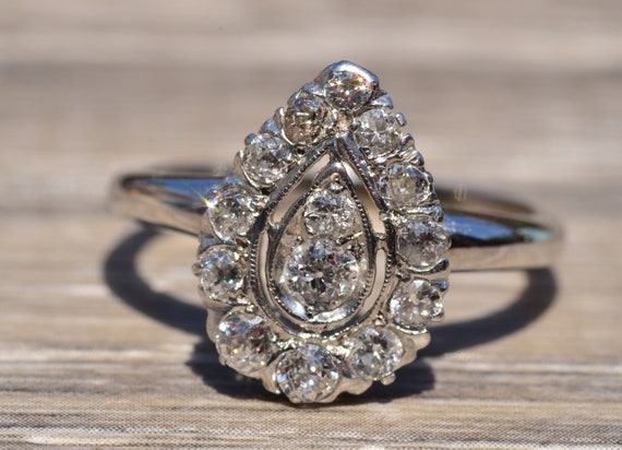 Antique Pear Shaped Halo Ring Set With Diamonds 0.59 Carats Total