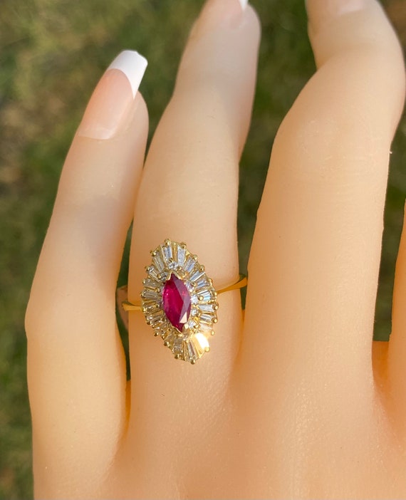 Exquisite Signed Ruby & Diamond Navette Ring in Y… - image 8