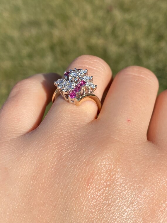 Ladies 14K Two Tone Ruby and Diamond Cluster Bypa… - image 10