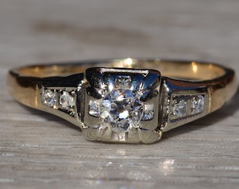Antique Natural Diamond Promise Ring in Two Tone Gold