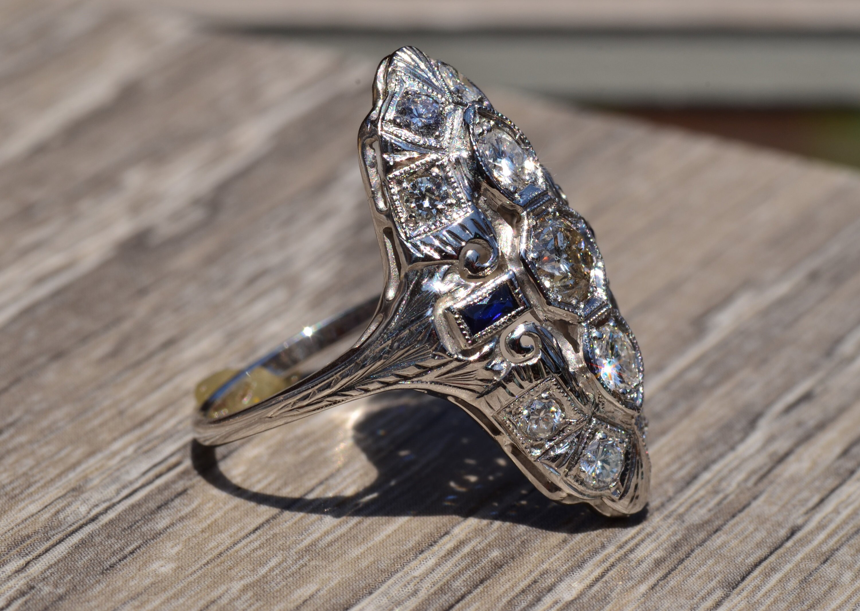 Art Deco Three Stone Filigree and Diamond Ring - Etsy Art Deco Three Stone Filigree and Diamond Ring - Etsy