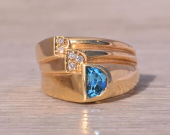 Swiss Blue Topaz and Natural Diamond Ring in Yellow Gold