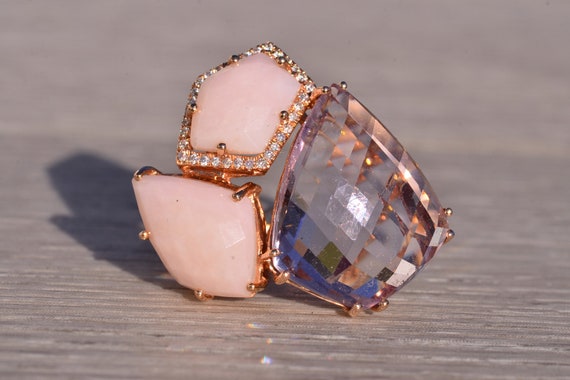 Rose Quartz and Amethyst Cocktail Ring in Rose Gold