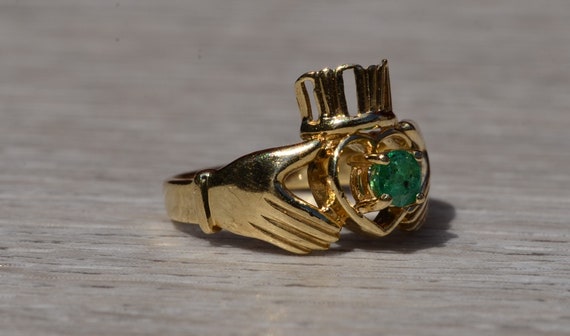 Ladies Yellow Gold Claddaugh Ring set with Emerald - image 5