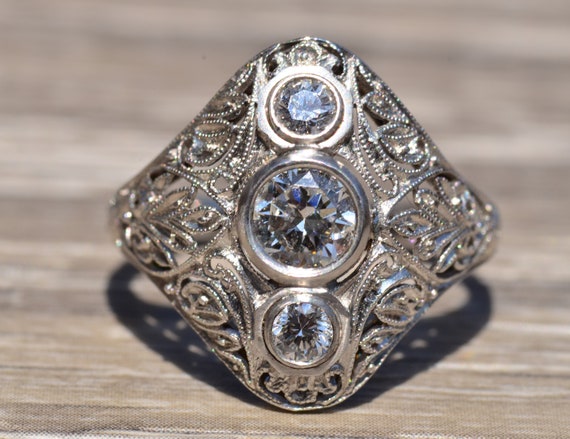 Outstanding Edwardian Three Stone Filigree Ring - image 7