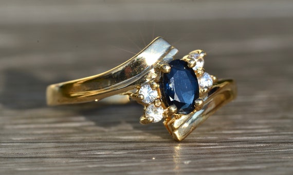 Ladies Yellow Gold White and Blue Sapphire Bypass… - image 5