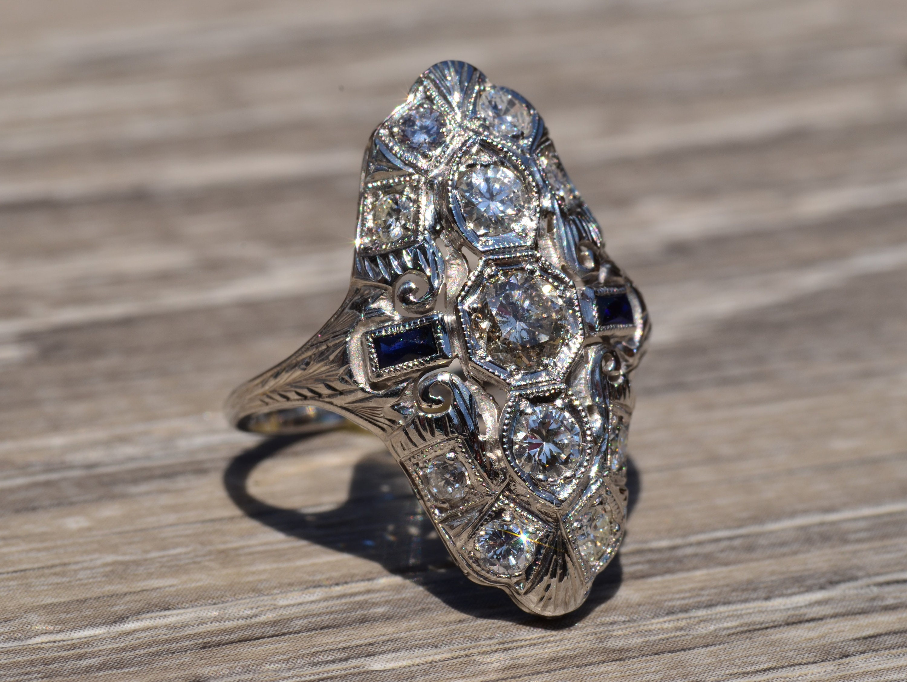 Art Deco Three Stone Filigree and Diamond Ring Etsy