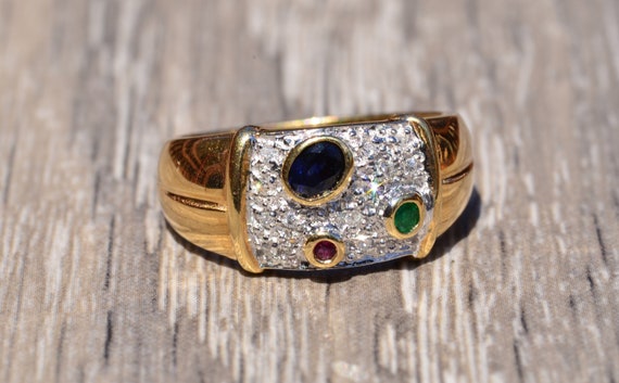 Frosted Cigar Style Ring with Sapphire, Ruby, and… - image 1