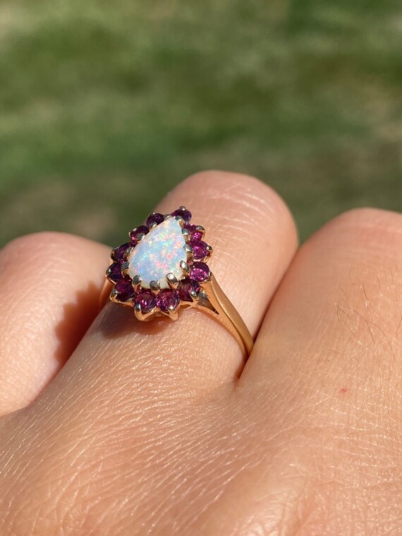 Ladies 14K Yellow Gold Opal and Garnet Halo Ring - image 9