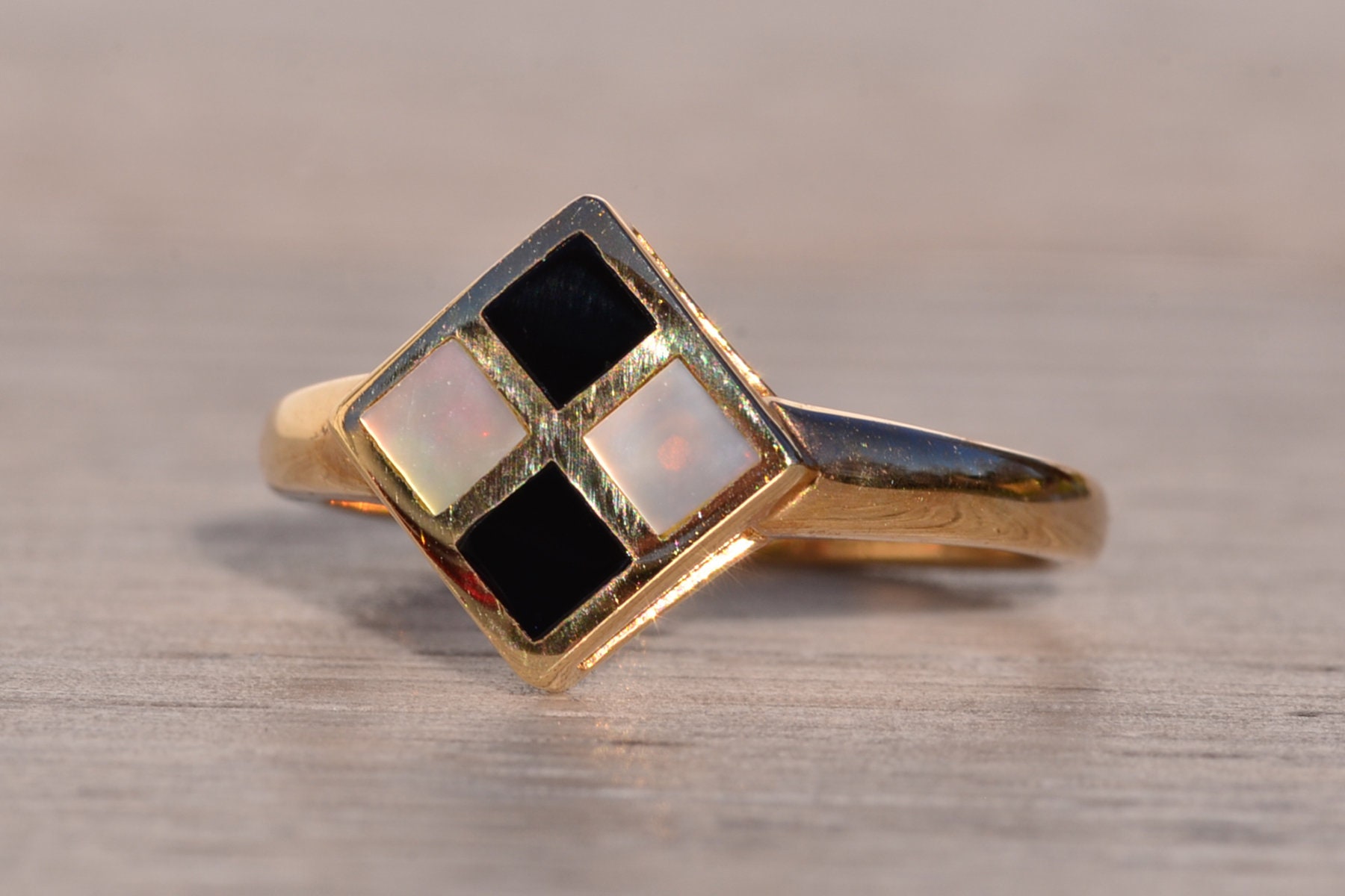 Checkerboard Onyx and Mother of Pearl Ring in Yellow Gold - Etsy