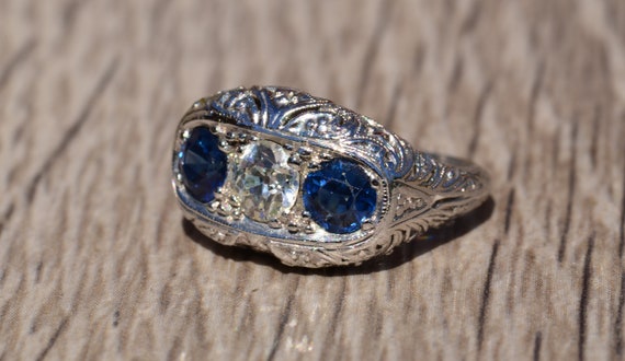 Sapphire and Diamond Filigree Three Stone Ring - image 2