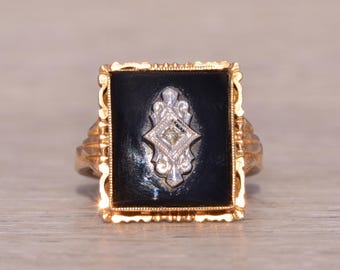 Onyx und Diamant im Rosenschliff Diamant Ring in Gelbgold