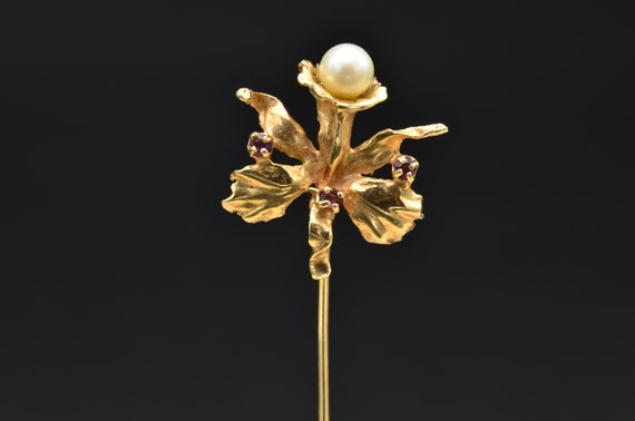 Yellow Gold Flower Pearl Stick Pin - image 2