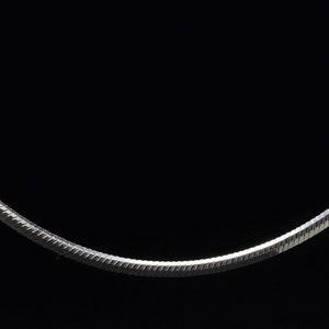 May include: A silver snake chain necklace. The chain is thin and delicate, with a smooth, polished finish.
