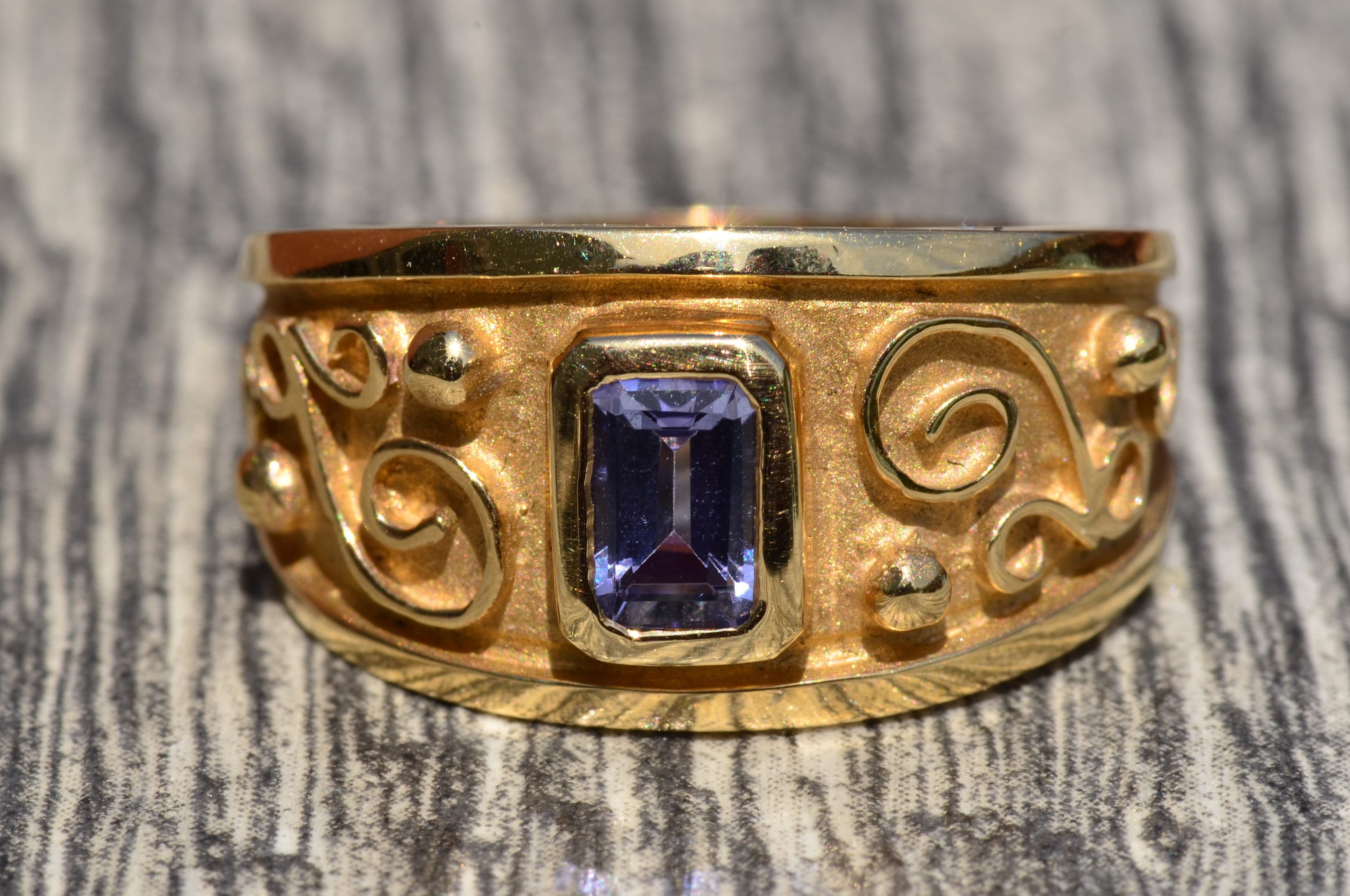 Vintage Etruscan Style Ring with Emerald Cut Tanzanite