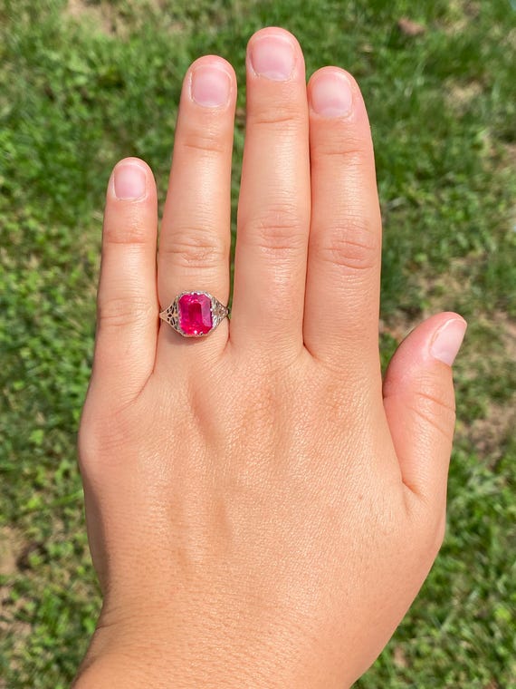 Lab Created Ruby Filigree Ring in White Gold - image 8