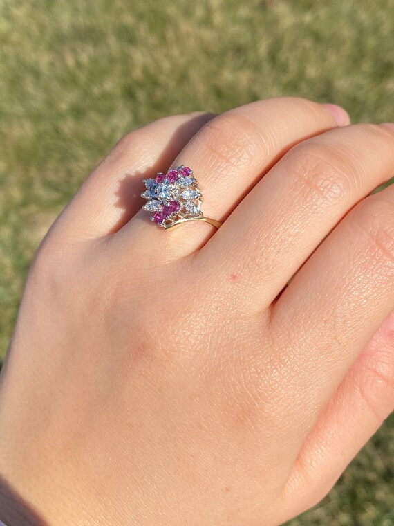 Ladies 14K Two Tone Ruby and Diamond Cluster Bypa… - image 9