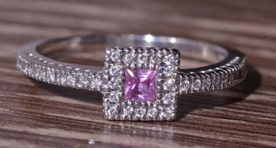 Pink Sapphire and Diamond Princess Cut Ring - image 1