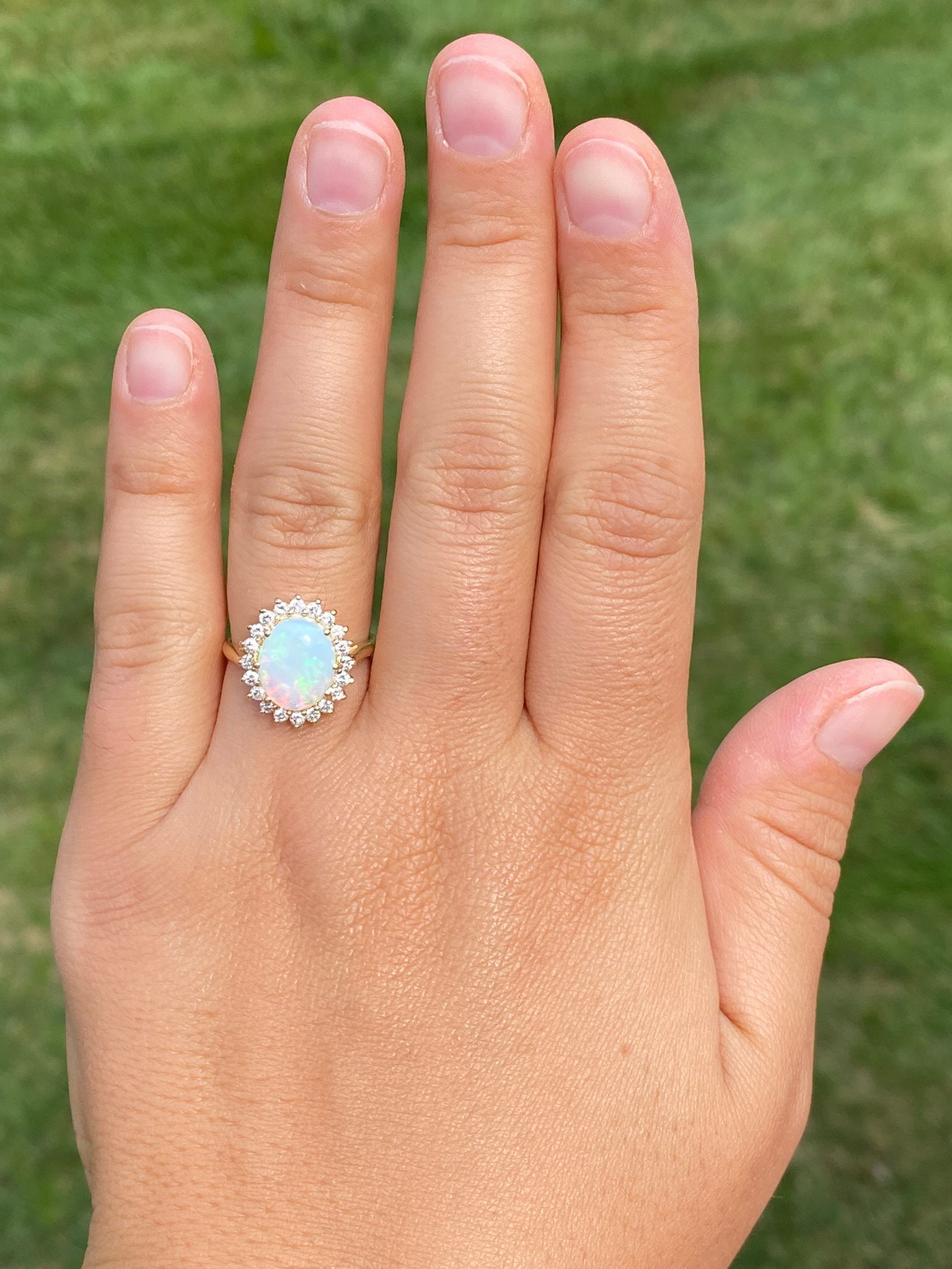 Ladies 14K Australian Opal Diamond Halo Ring