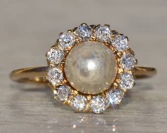 Ladies Antique Pearl and Diamond Halo Cocktail Ring
