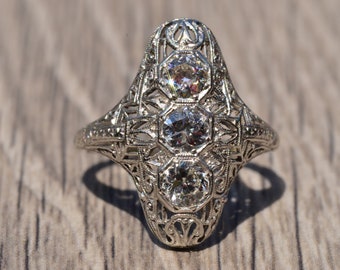 Three Stone Filigree Ring in White Gold