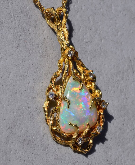 Ladies Brutalist Style 14K Yellow Gold Opal and D… - image 3