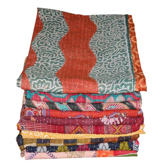 Kantha Quilt Handmade Indian Vintage Reversible Throw Blanket Bedspread 1 PC Lot