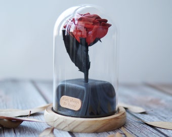 Leather Forever Rose in Glass Dome Preserved Flower Box, Personalized Leather 3rd 5th Anniversary Gifts for wife girlfriend partners her him