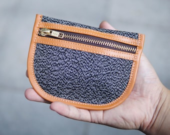 Leather Coin Purse Card Case Pouch Lined YKK Zipper Pouch Purse for Men Women, Salt and Pepper Grill Cloth