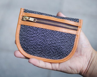 Leather Coin Purse Card Case Pouch Lined YKK Zipper Pouch Purse for Men Women, Salt and Pepper Grill Cloth