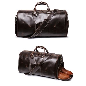 Leather Travel Bag Duffel Bag for Men Women Weekender Bag Weekend Bag Gym Bag Overnight Bag with Shoe Pouch Compartment image 8