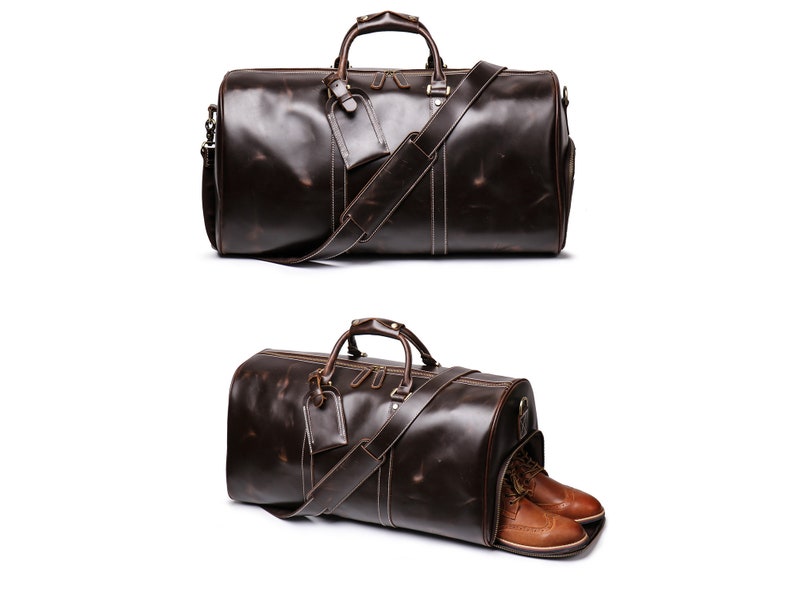 Leather Travel Bag Duffel Bag for Men Women Weekender Bag Weekend Bag Gym Bag Overnight Bag with Shoe Pouch Compartment image 8