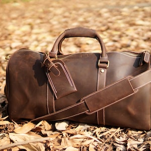 Leather Travel Bag Duffel Bag for Men Women Weekender Bag Weekend Bag Gym Bag Overnight Bag with Shoe Pouch Compartment