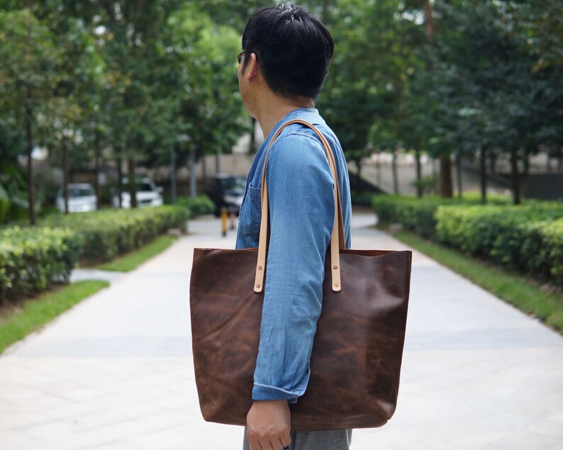 Large Leather Tote Bag for Women Men with Inside Pocket Laptop Bag Leather Shoulder Bag Book Bag Shopping Bag Handmade Tote Bag