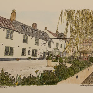 Nunney photos, Peintures de pubs, Aquarelles de pubs, Aquarelles d’hôtels, Peintures de restaurants, Portrait de votre pub, Le George
