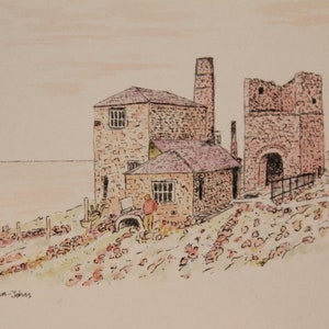 Vista della Cornovaglia, miniera di stagno Cornovaglia, vecchia miniera di stagno, edifici abbandonati, Cornovaglia vecchia, dipinti della Cornovaglia, acquerelli della Cornovaglia