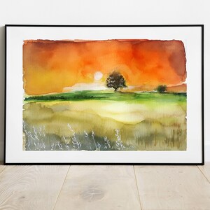 Landschap, zonsondergang, boom, natuur / aquarel ORIGINEEL, schilderen, folie, decoratie, tekening, illustratie.