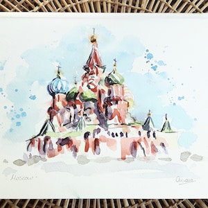Catedral de San Basilio, Plaza Roja, Moscú, Rusia / acuarela ORIGINAL, pintura, dibujo, ilustración, decoración, arte