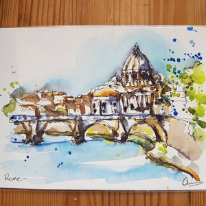 Pont Saint-Ange, Rome, Italie / ORIGINAL aquarelle, peinture, dessin, illustration, décoration, art