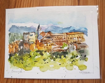 Alhambra, Granada, Andalusia, Spain/ ORIGINAL watercolor, painting, drawing, illustration, decoration, art