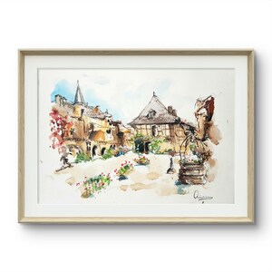 Rochefort-en-Terre, Vannes, Bretagna, Francia/acquerello ORIGINALE, pittura, disegno, illustrazione, decorazione, arte