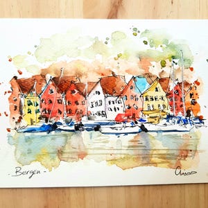 Vedute del quartiere di Bryggen, Bergen, Norvegia / ORIGINALE acquerello, pittura, disegno, illustrazione, decorazione, arte