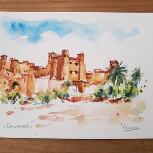 Ouarzazate, la porte du désert (Maroc) / Aquarelle ORIGINALE / Carte postale / Cadeau / Peinture / Afrique