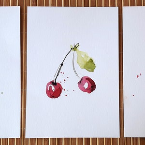 Reeks van 3 beelden van vruchten, peer, kersen en aardbeien / originele aquarel, schilderen, tekenen, illustratie, decoratie, kunst