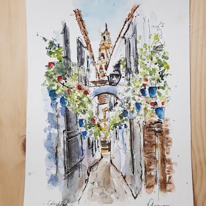 Strada dei fiori a Cordova, Andalusia, Spagna / ORIGINALE acquerello, pittura, disegno, illustrazione, decorazione, arte