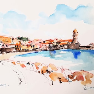 Vistas de iglesia Collioure, Roselló, Pirineos Orientales, Francia/ acuarela ORIGINAL, pintura, dibujo, ilustración, decoración, arte