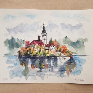 Lake Bled, Slovenië/ORIGINELE aquarel, schilderij, tekening, illustratie, decoratie, kunst
