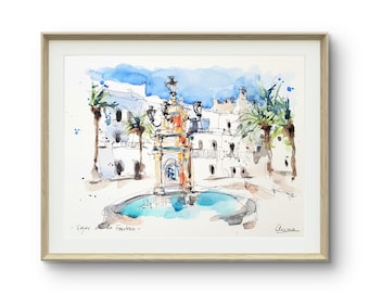 Vejer de la Frontera - Acquerello originale - Dipinto realizzato a mano in Spagna, illustrazione artistica per la decorazione della casa o come regalo di viaggio.