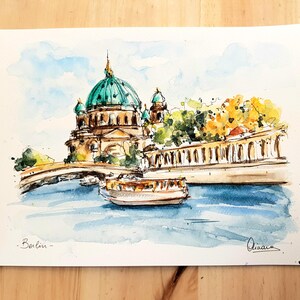 Uitzicht op de Berlijnse Dom, Duitsland, Architectuur / ORIGINELE aquarel, schilderij, tekening, prent, decoratie, illustratie, kunst